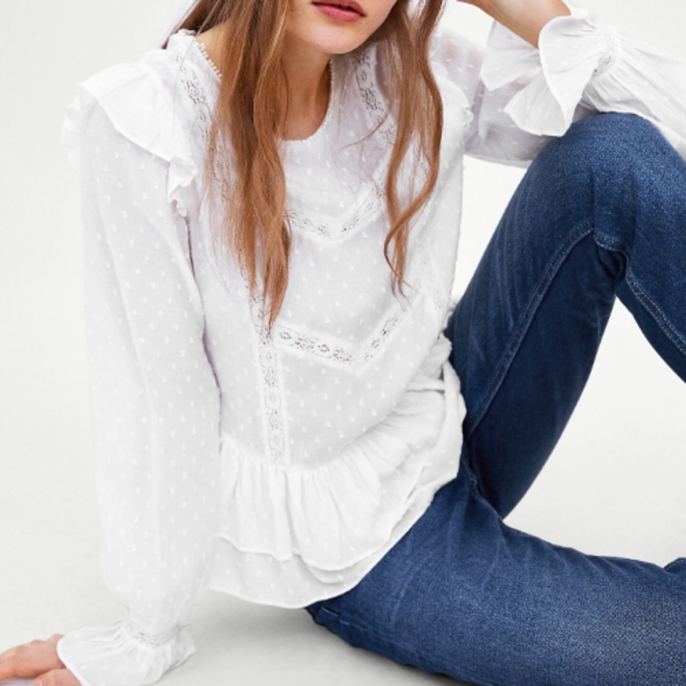Zara Swiss Dot Lace Trim Blouse